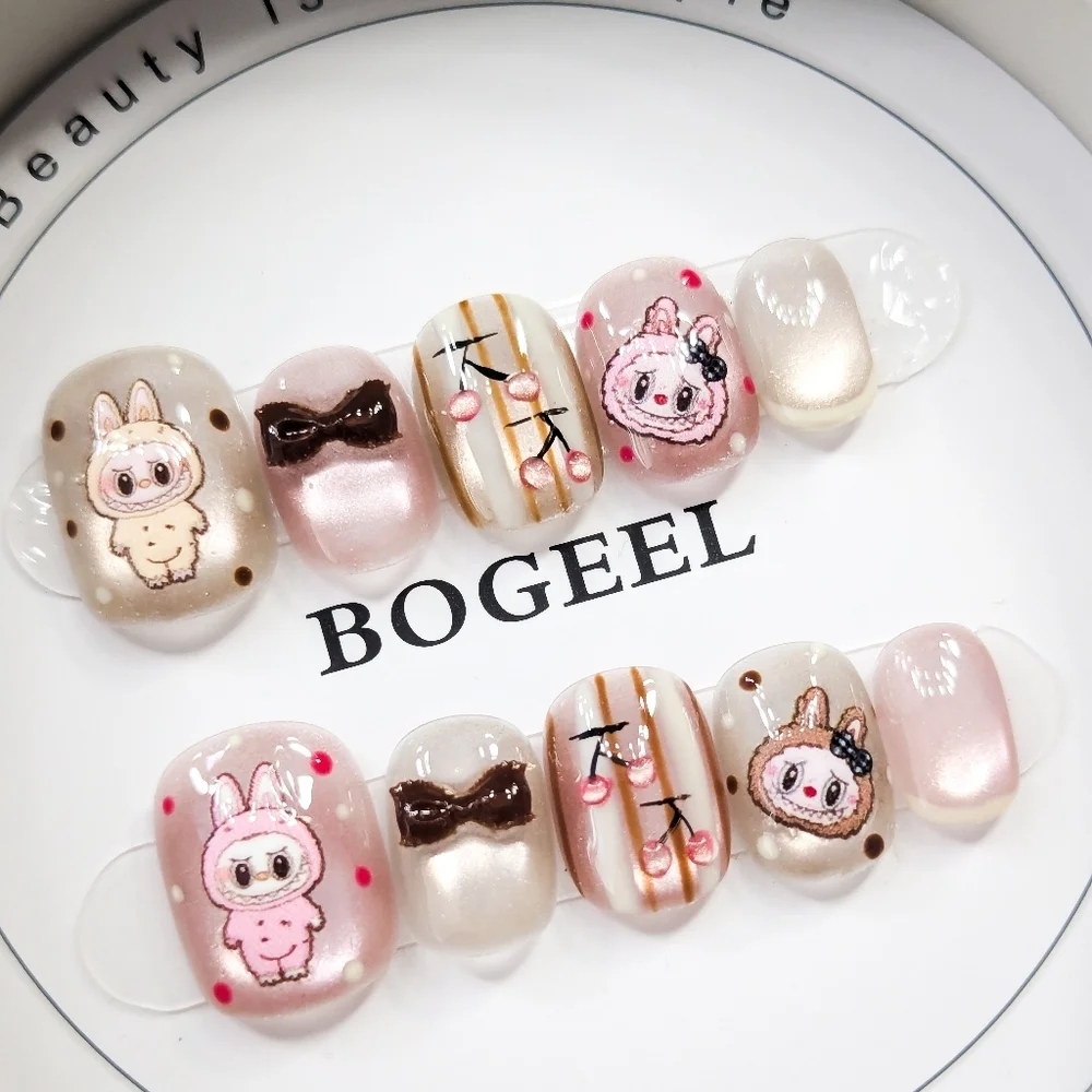 ​Labubu The Monsters Press On Nails Kawaii Pink & Brown 3D Bow Nail Art Size M